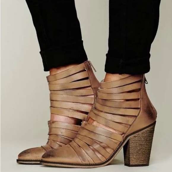 Free People Shoes | Free People Hybrid Strappy Gold Leather Ankle Bootie Size 38 - Picture 1 of 5